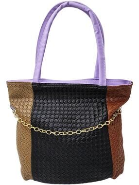 Stylish Multi-Color Woven Tote Bag with Gold Chain Accent